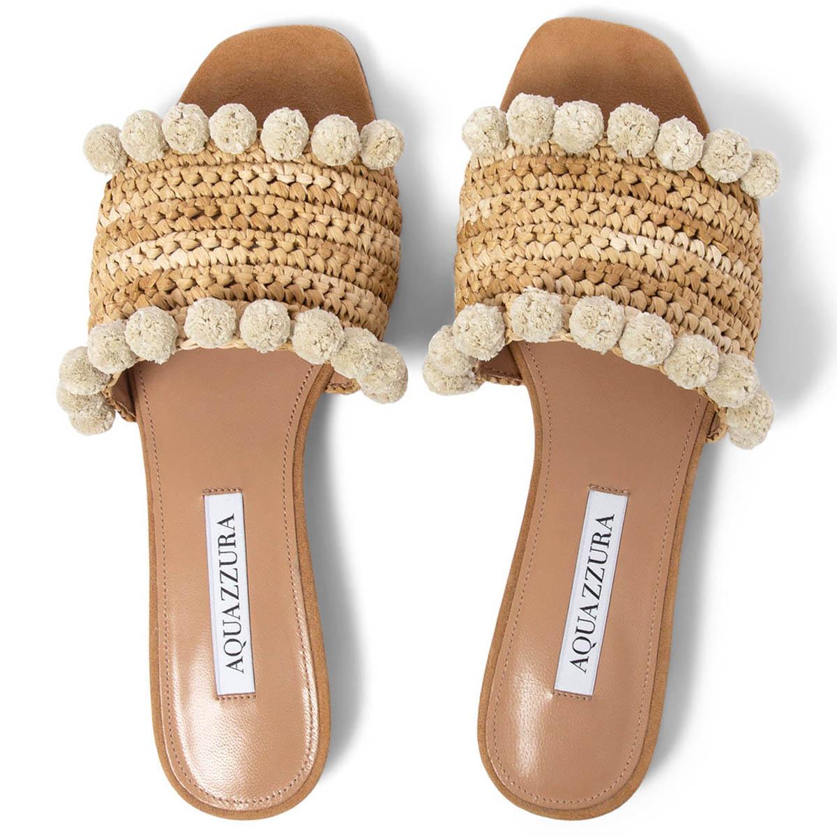 Women's AQUAZZURA natural beige RAFFIA POMPOM Slides Flat Sandals Shoes 36 For Sale