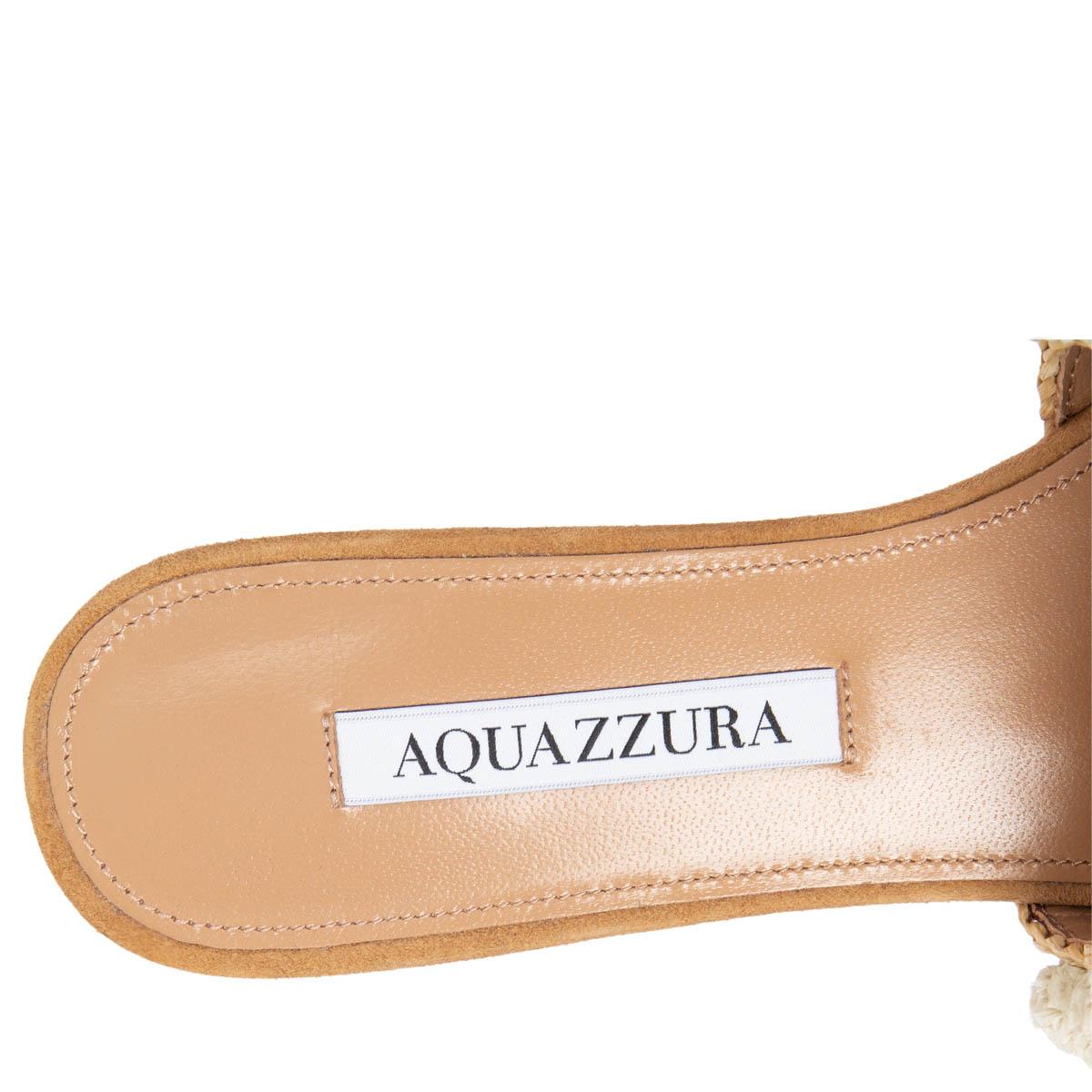AQUAZZURA natural beige RAFFIA POMPOM Slides Flat Sandals Shoes 36 For Sale 1