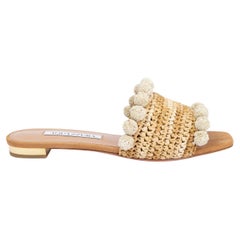 AQUAZZURA natural beige RAFFIA POMPOM Slides Flat Sandals Shoes 36