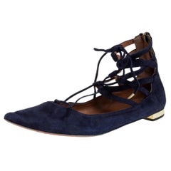 Aquazzura Navy Blue Suede Lace Up Flats Size 41