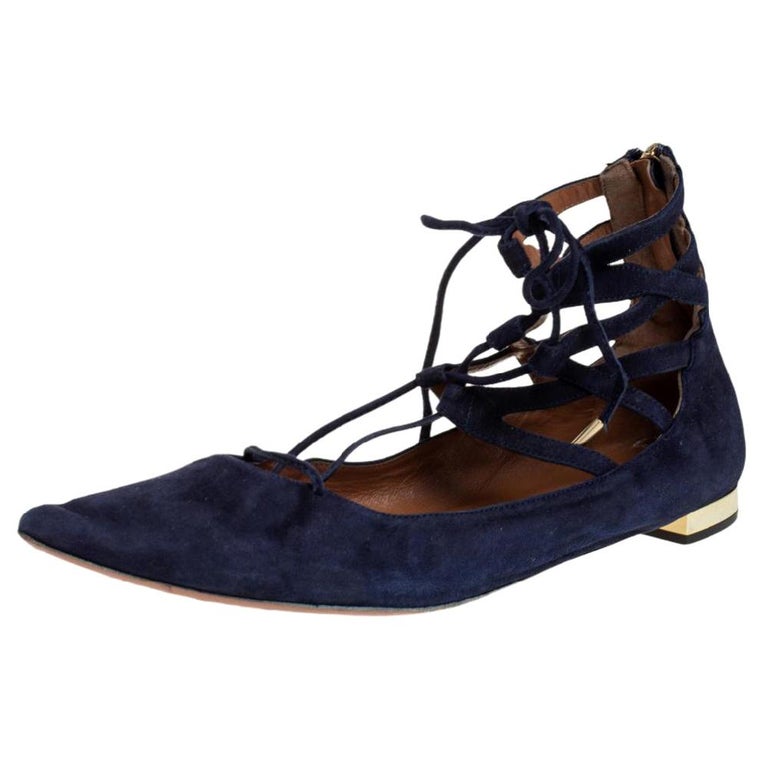 Aquazzura Navy Blue Suede Lace Up Flats Size 41 For Sale At 1stdibs