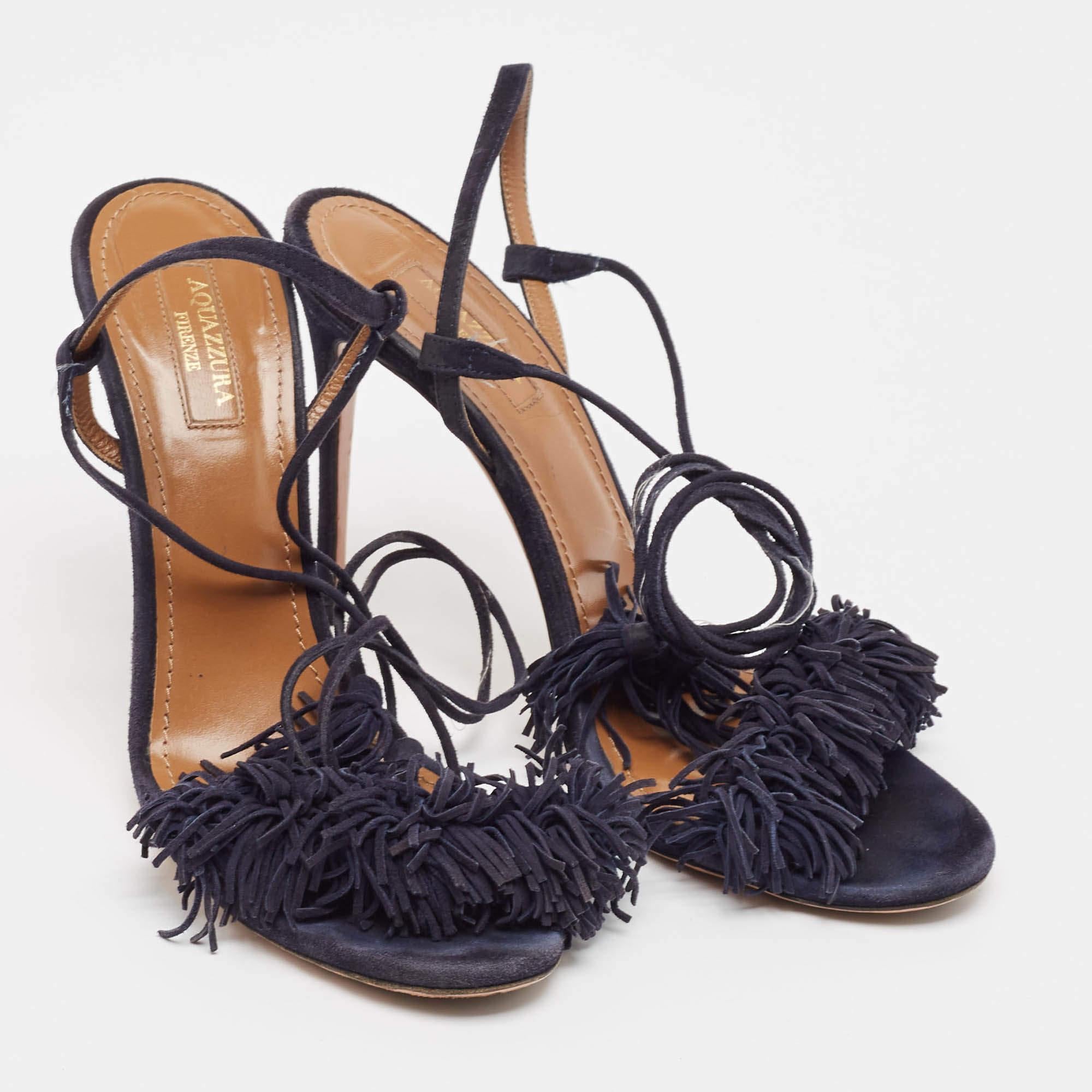 Aquazzura Navy Blue Suede Wild Thing Ankle Strap Sandals Size 39.5 In Fair Condition In Dubai, Al Qouz 2