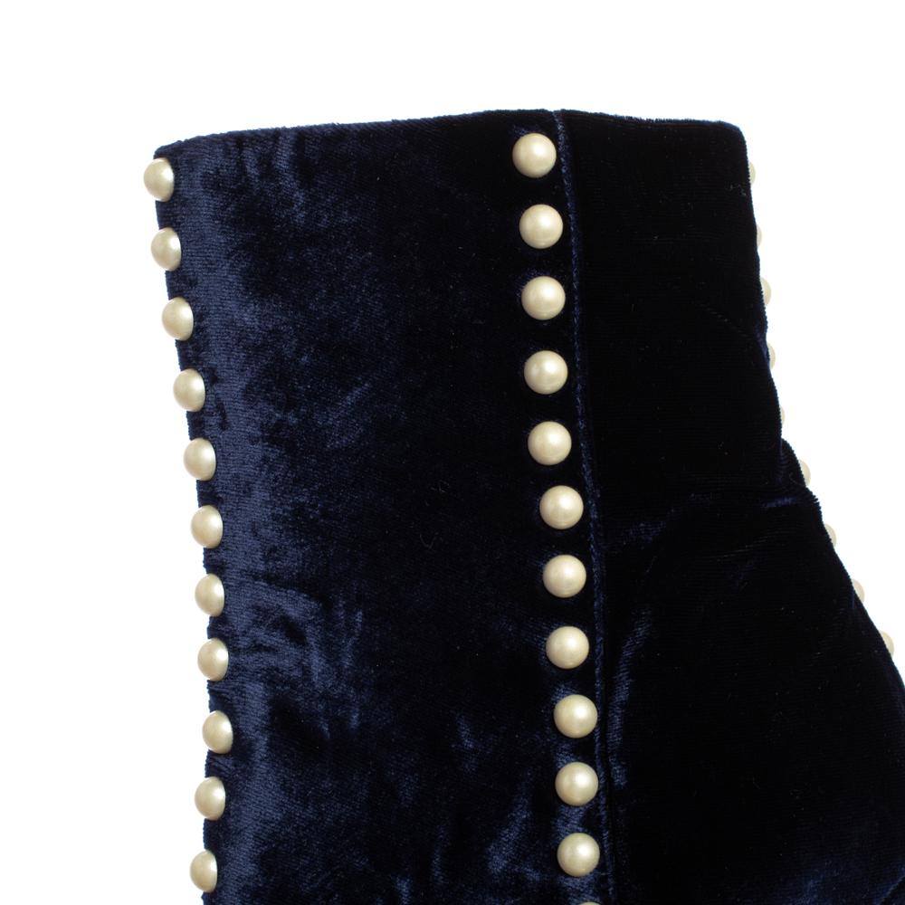 Aquazzura Navy Blue Velvet Follie Pearls Ankle Boots Size 36.5 2