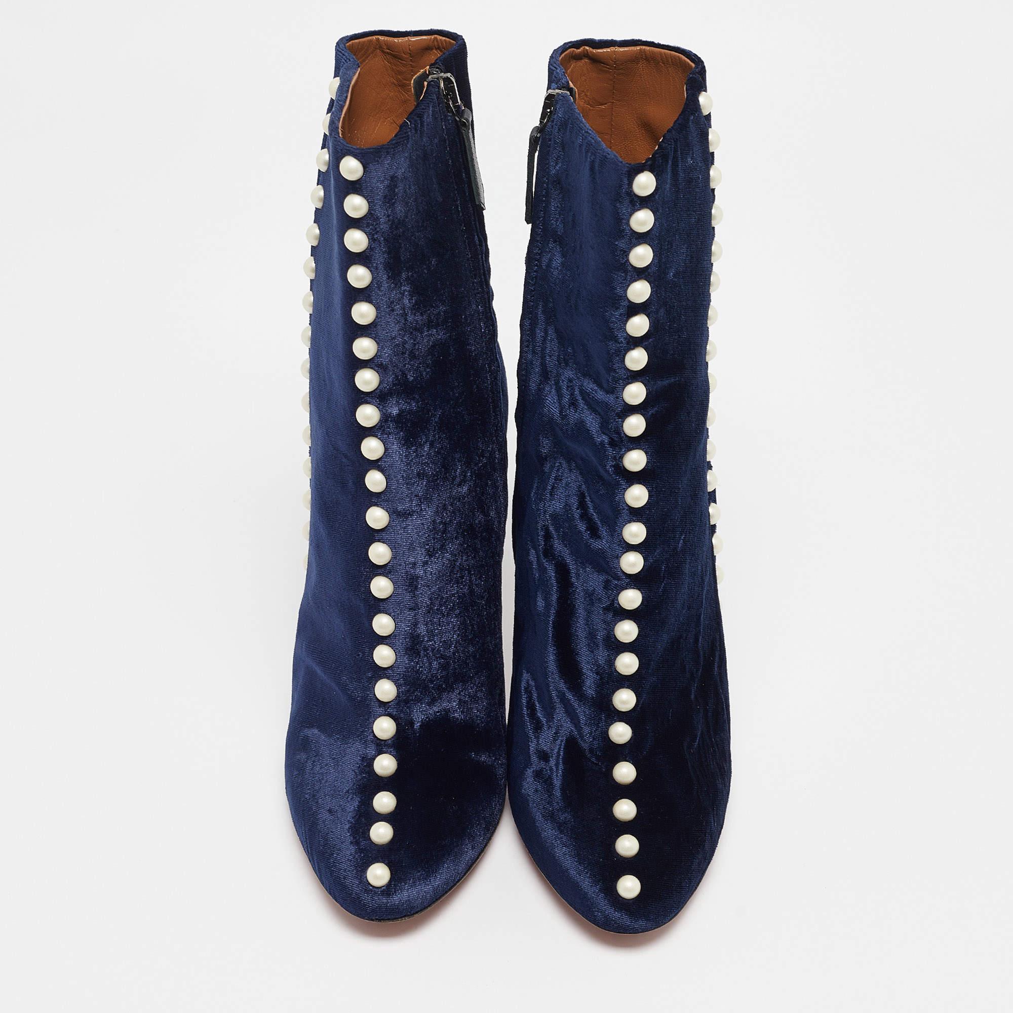 Black Aquazzura Navy Blue Velvet Follie Pearls Ankle Boots Size 36.5 For Sale