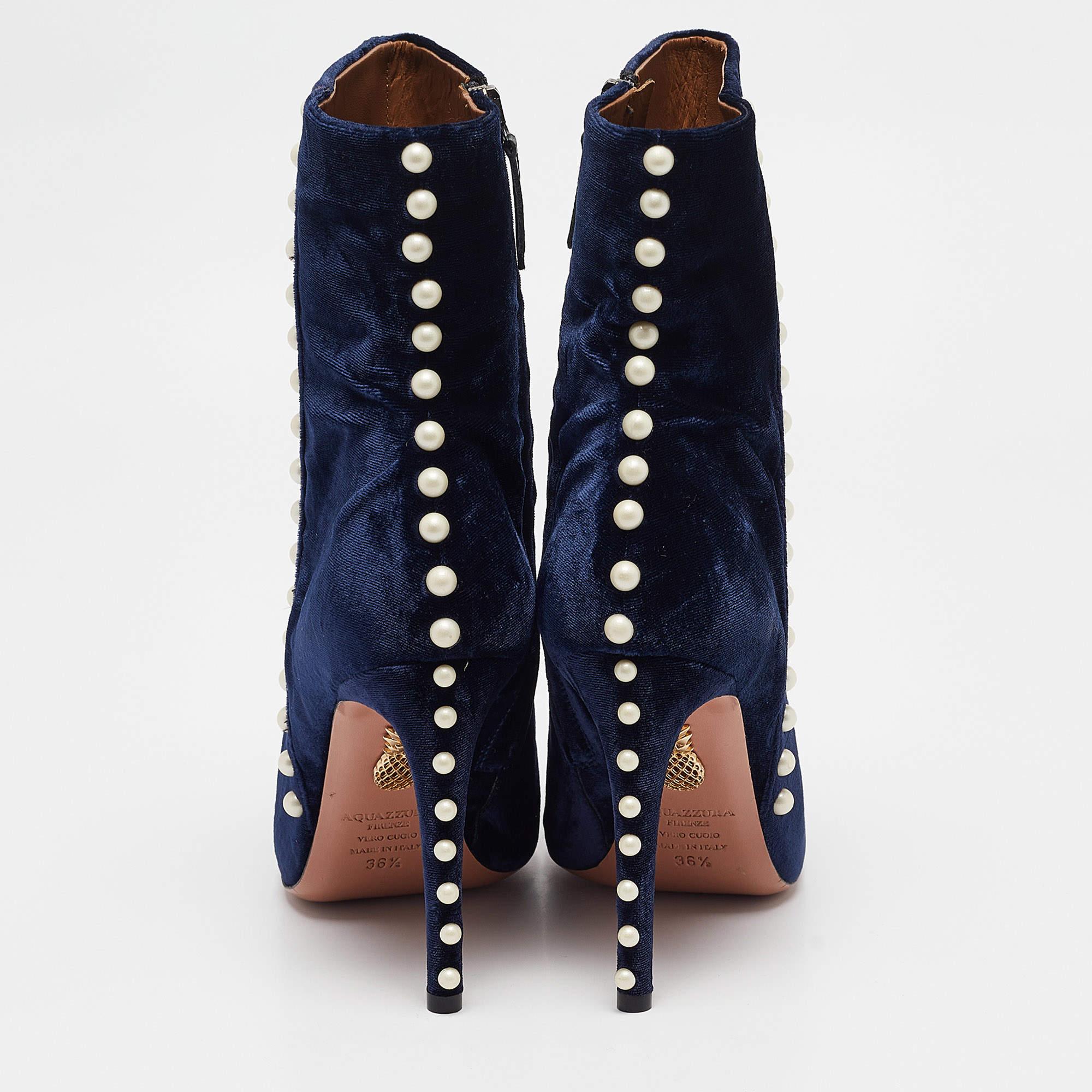 Women's Aquazzura Navy Blue Velvet Follie Pearls Ankle Boots Size 36.5 For Sale