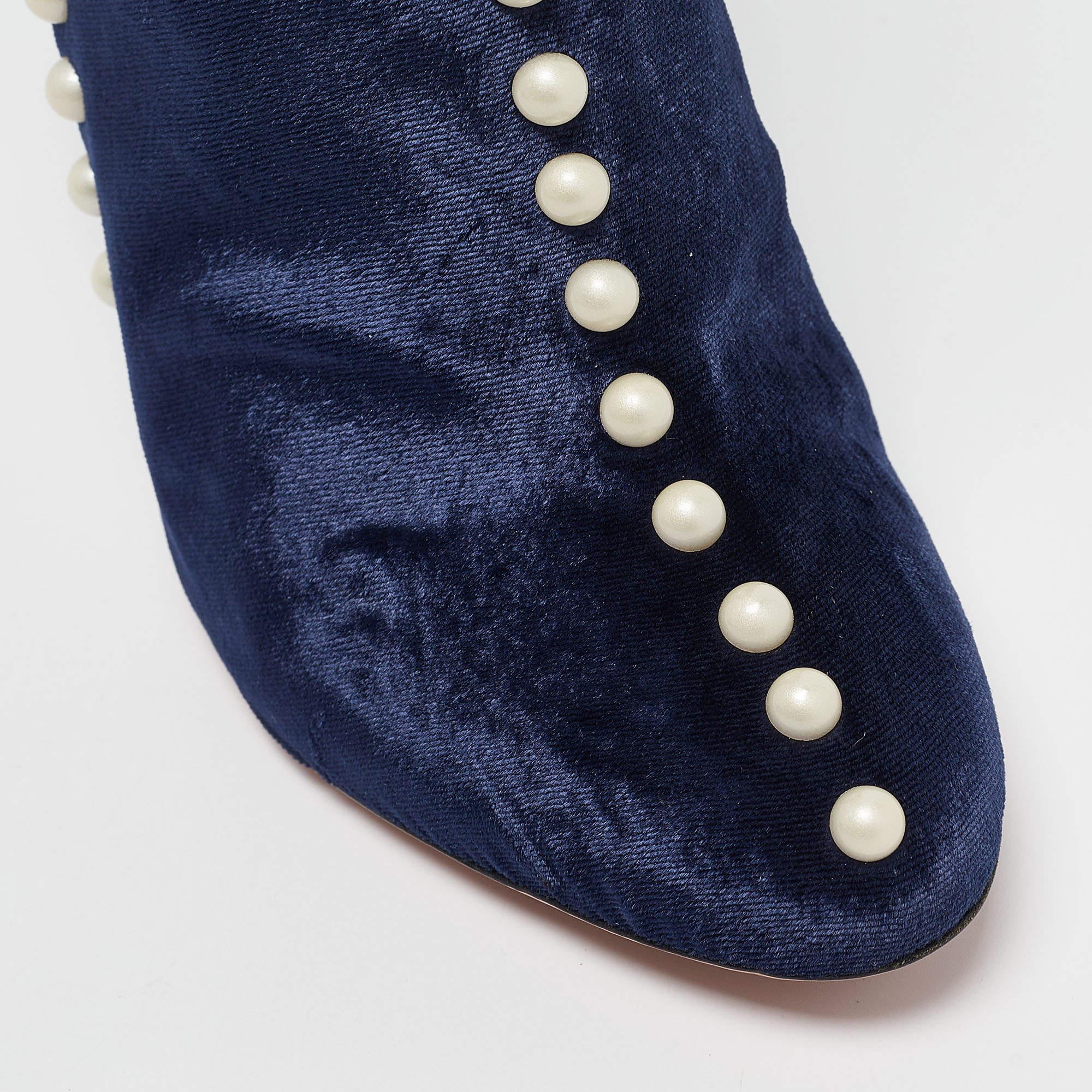 Aquazzura Navy Blue Velvet Follie Pearls Ankle Boots Size 36.5 For Sale 2