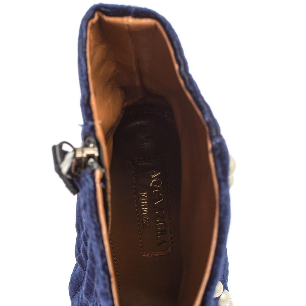 Aquazzura Navy Blue Velvet Follie Pearls Ankle Boots Size 36.5 1