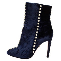Aquazzura Navy Blue Velvet Follie Pearls Ankle Boots Size 36.5