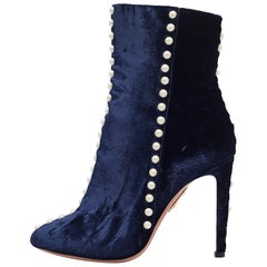 Aquazzura Navy Blue Velvet Follie Pearls Ankle Boots Size 36.5