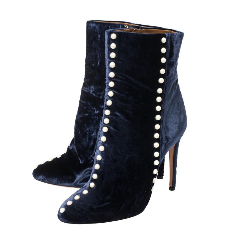 Aquazzura Navy Blue Velvet Follie Pearls Ankle Boots Size 39 5 At 1stdibs