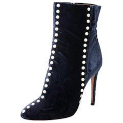 Aquazzura Navy Blue Velvet Follie Pearls Ankle Boots Size 39.5