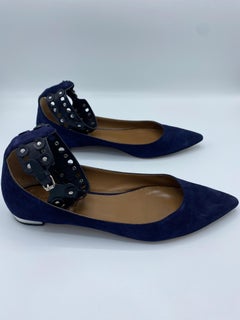 Aquazzura Firenze Rockstar Navy Suede Pointed Toe Flats, Size 39