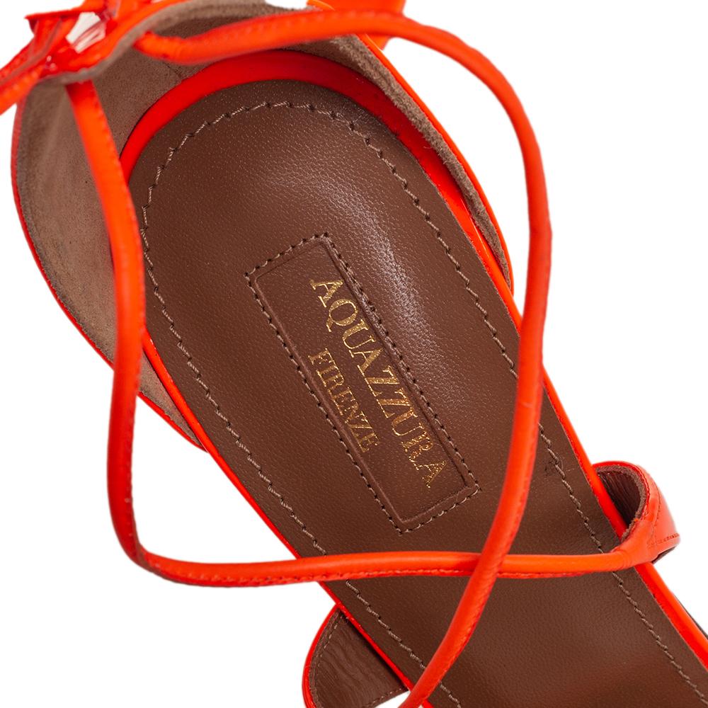 Aquazzura Neon Orange Patent Leather Linda Ankle Wrap Sandals size 41 In Excellent Condition In Dubai, Al Qouz 2