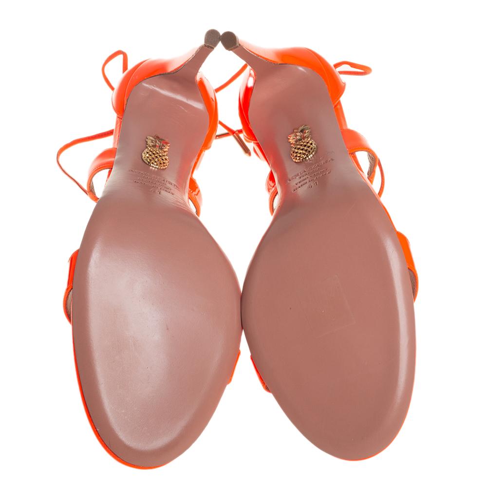 Women's Aquazzura Neon Orange Patent Leather Linda Ankle Wrap Sandals size 41