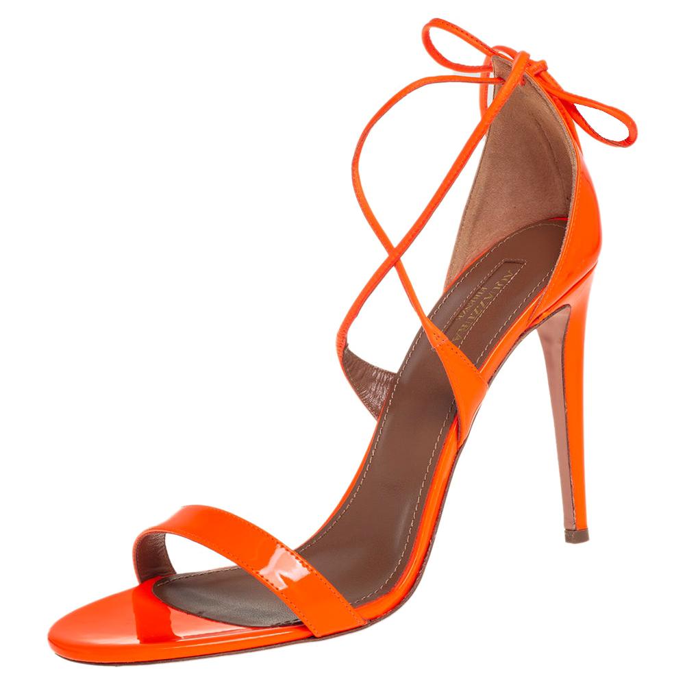Aquazzura Neon Orange Patent Leather Linda Ankle Wrap Sandals size 41