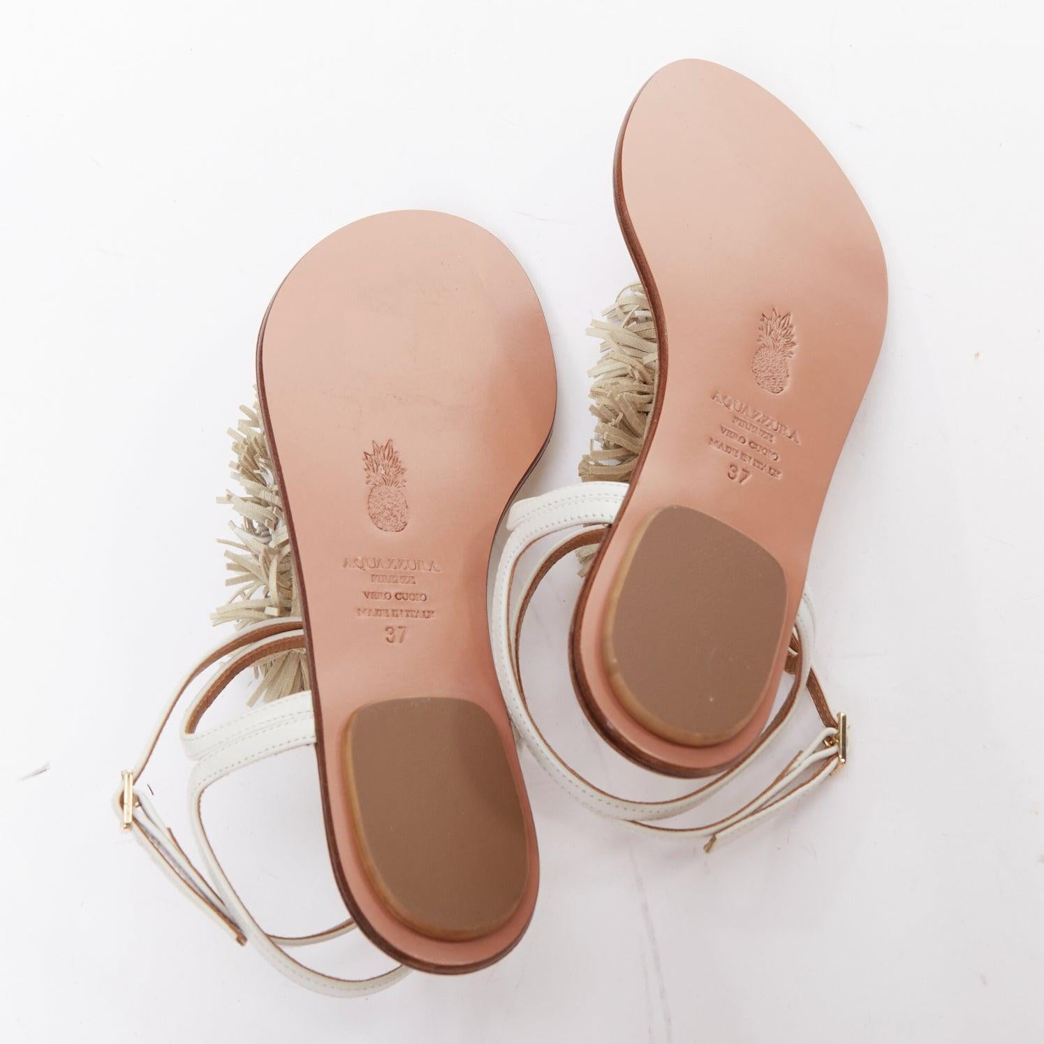AQUAZZURA aus weißem Fransenbesatz T Bar Riemen flache Sandalen EU37 im Angebot 6