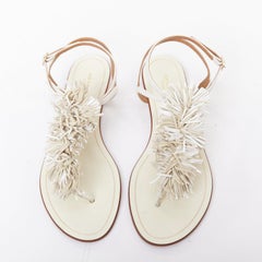 AQUAZZURA off white fringe trim T bar strap flat sandals EU37