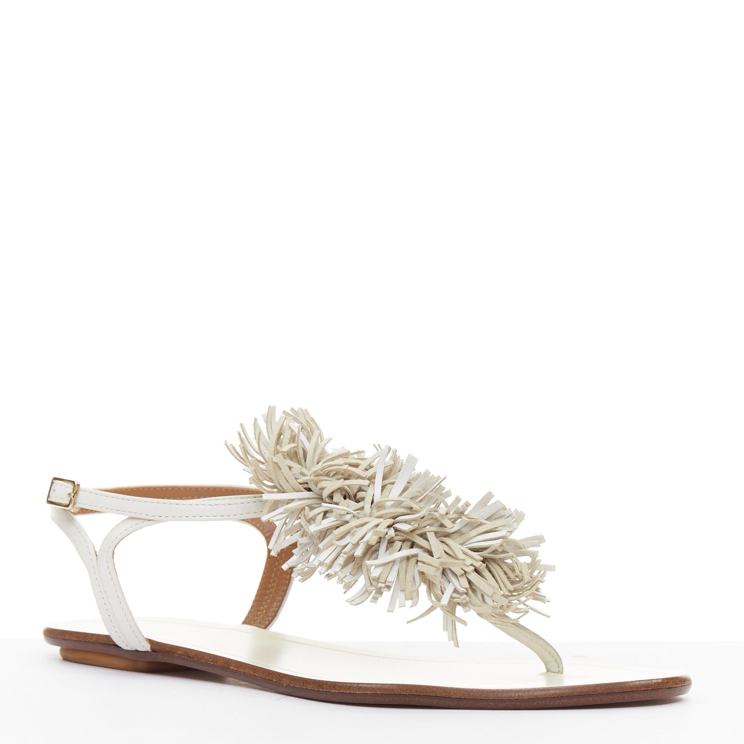 AQUAZZURA aus weißem Fransenbesatz T Bar Riemen flache Sandalen EU37 (Weiß) im Angebot