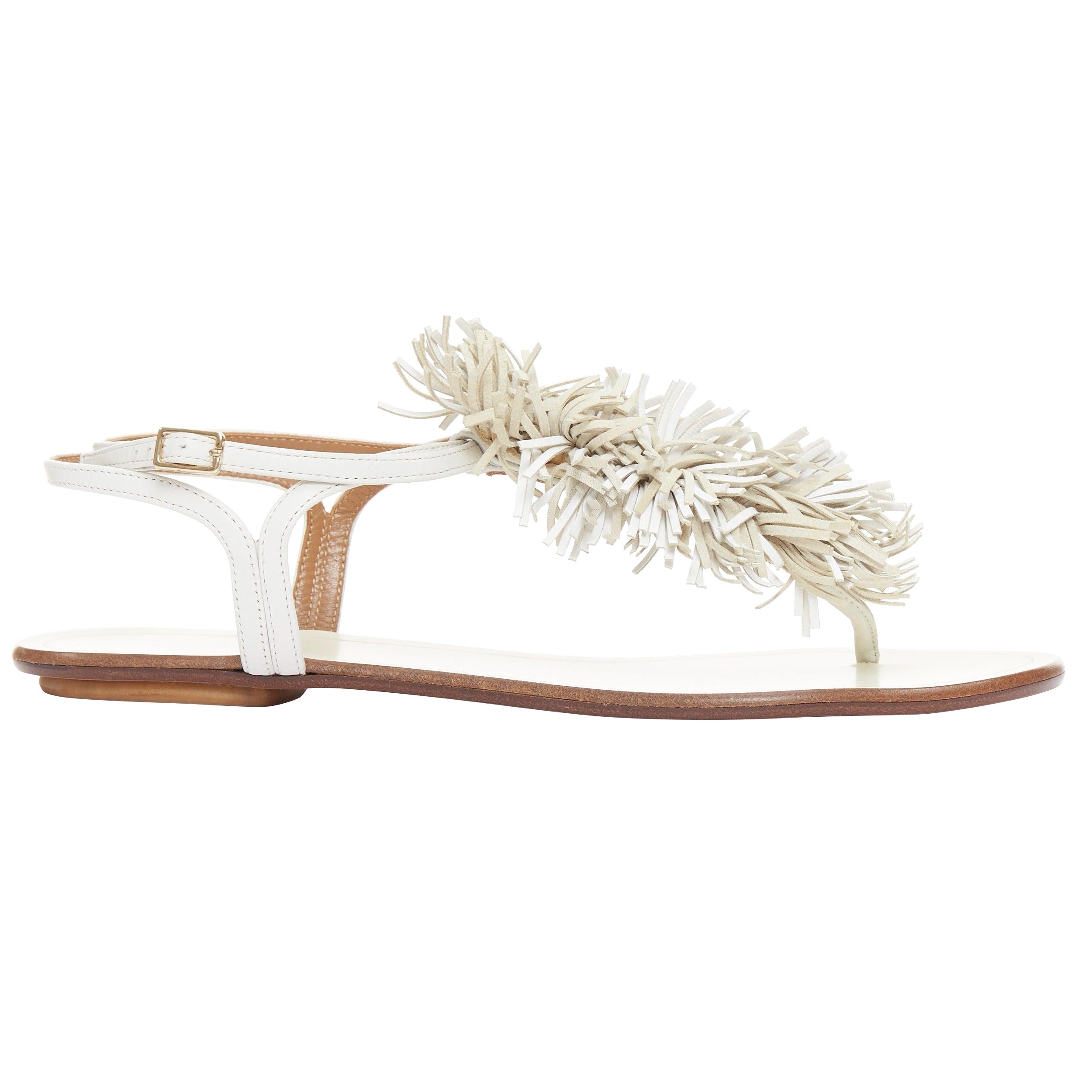 AQUAZZURA aus weißem Fransenbesatz T Bar Riemen flache Sandalen EU37