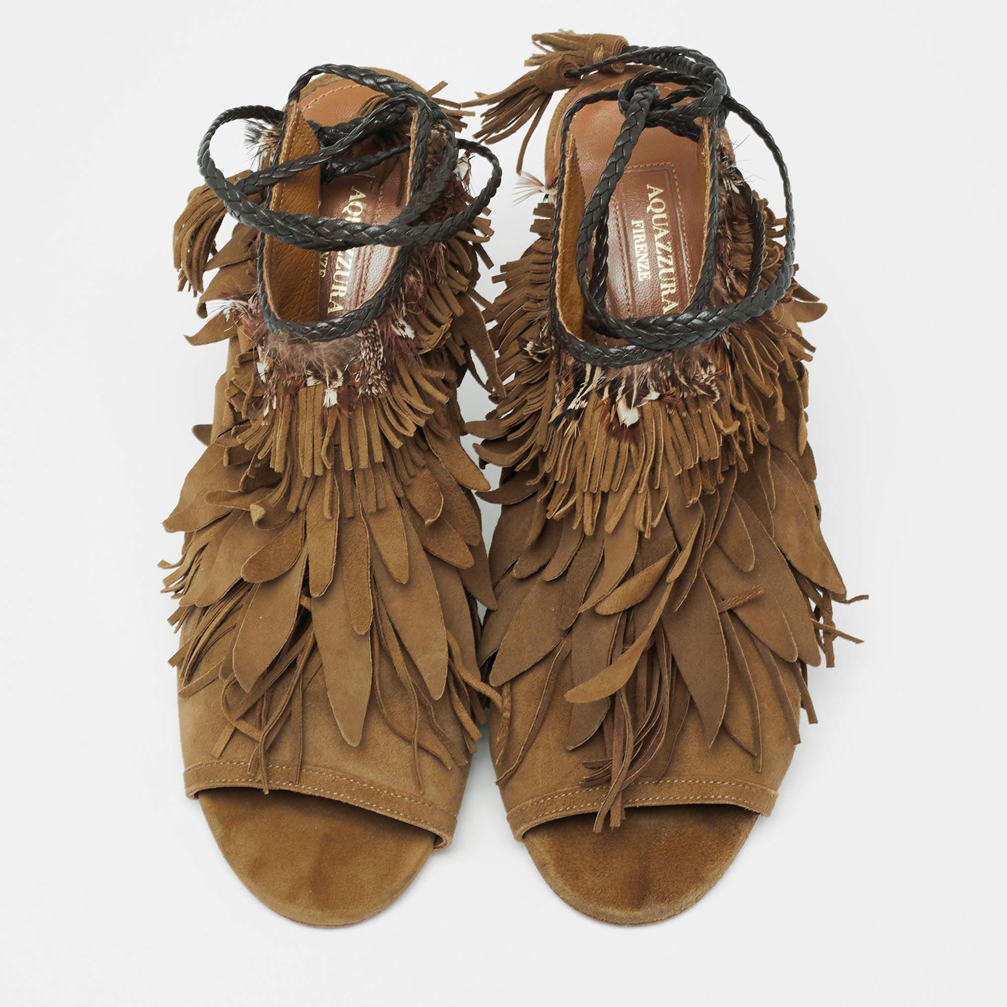 Brown Aquazzura Olive Green  Suede Tassel Ankle Tie Sandals Size 39