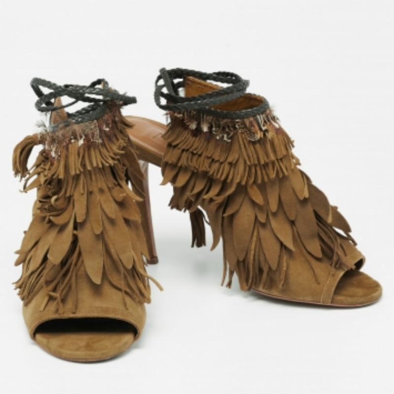 Gray Aquazzura Olive Green  Suede Tassel Ankle Tie Sandals Size 39