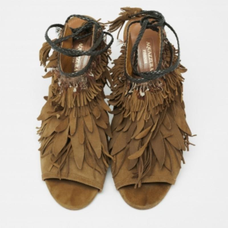 Aquazzura Olive Green  Suede Tassel Ankle Tie Sandals Size 39 In Good Condition In Dubai, Al Qouz 2