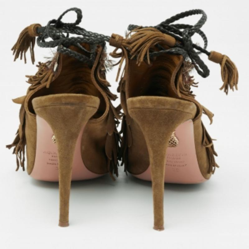 Women's Aquazzura Olive Green  Suede Tassel Ankle Tie Sandals Size 39