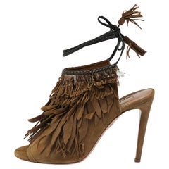 Aquazzura Olive Green  Suede Tassel Ankle Tie Sandals Size 39
