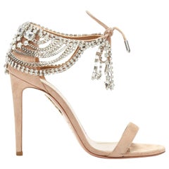 AQUAZZURA OLIVIA PALERMO juwelenbesetzte Sandalen aus nudefarbenem Wildleder mit hohem Absatz EU37