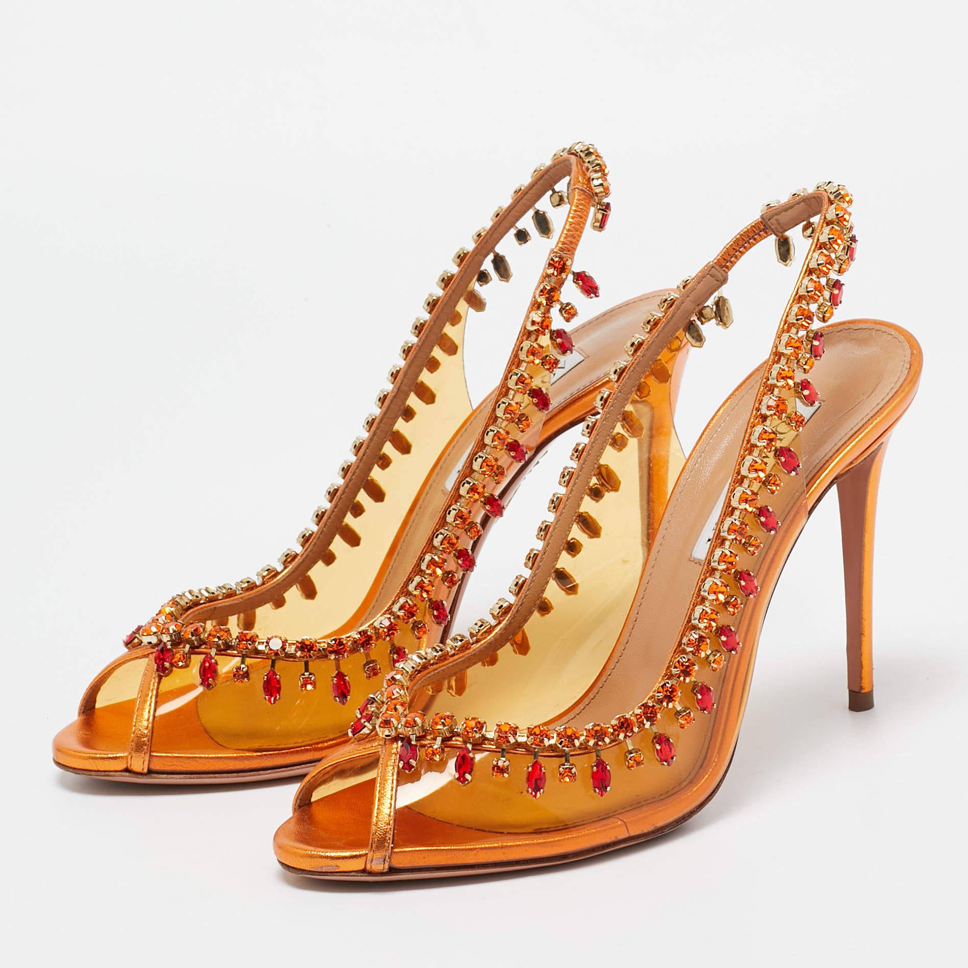 Make a chic style statement with these designer pumps. They showcase sturdy heels and durable soles perfect for your fashionable outings