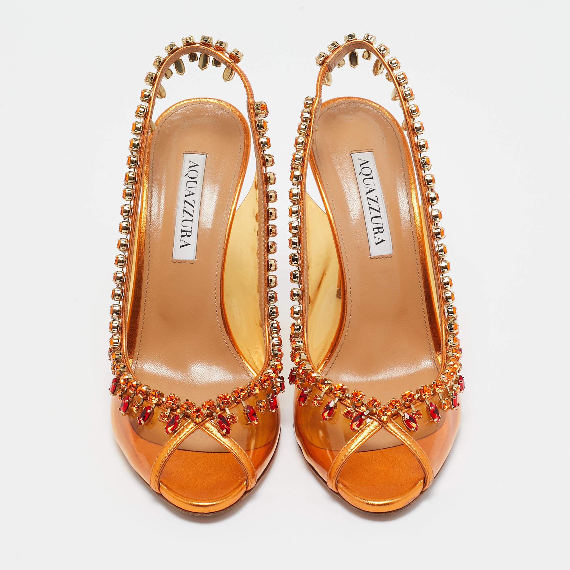 Aquazzura Orange Leather and PVC Crystal Embellished Temptation Pumps Size 38 In Good Condition In Dubai, Al Qouz 2