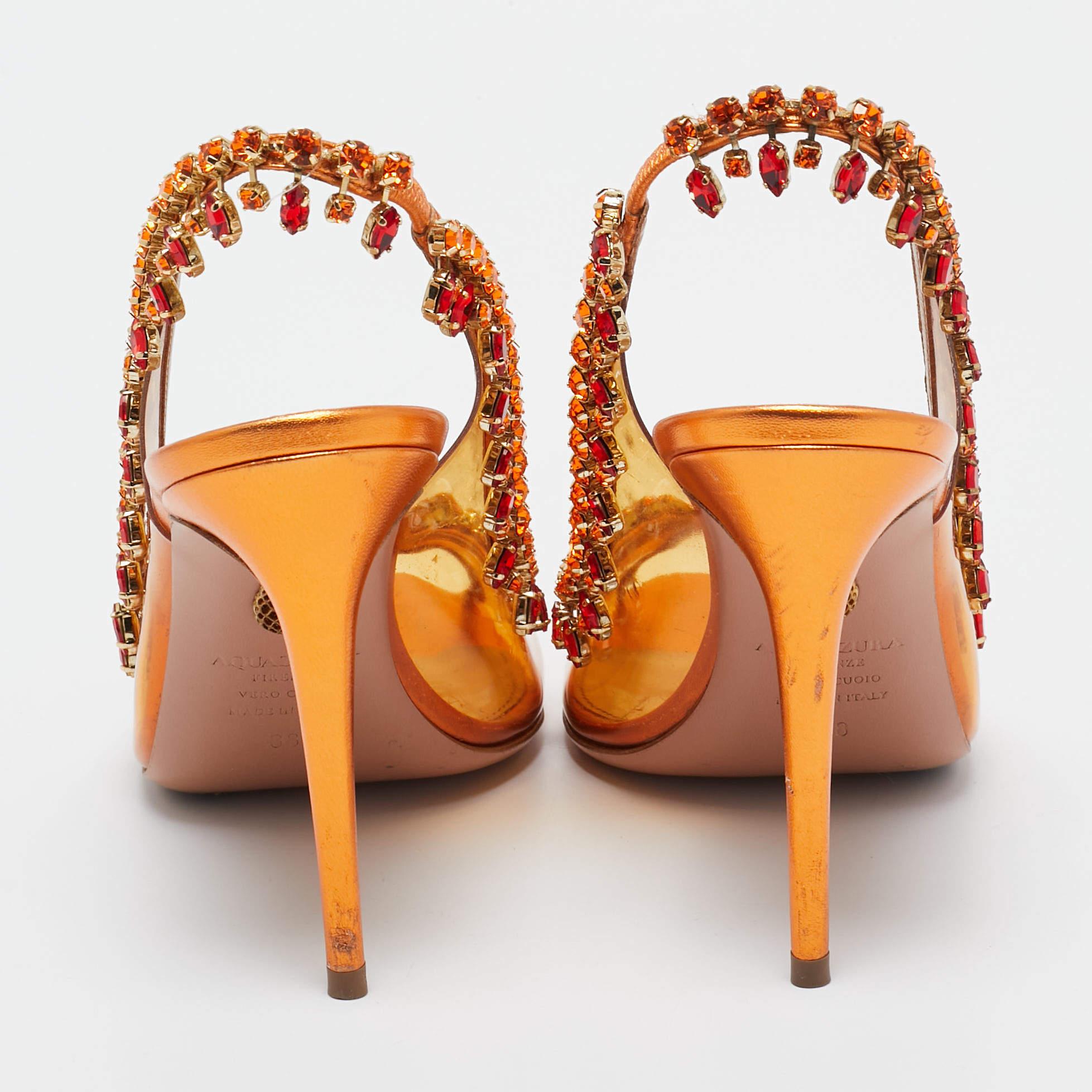 Aquazzura Orange Leather and PVC Crystal Embellished Temptation Pumps Size 38 1