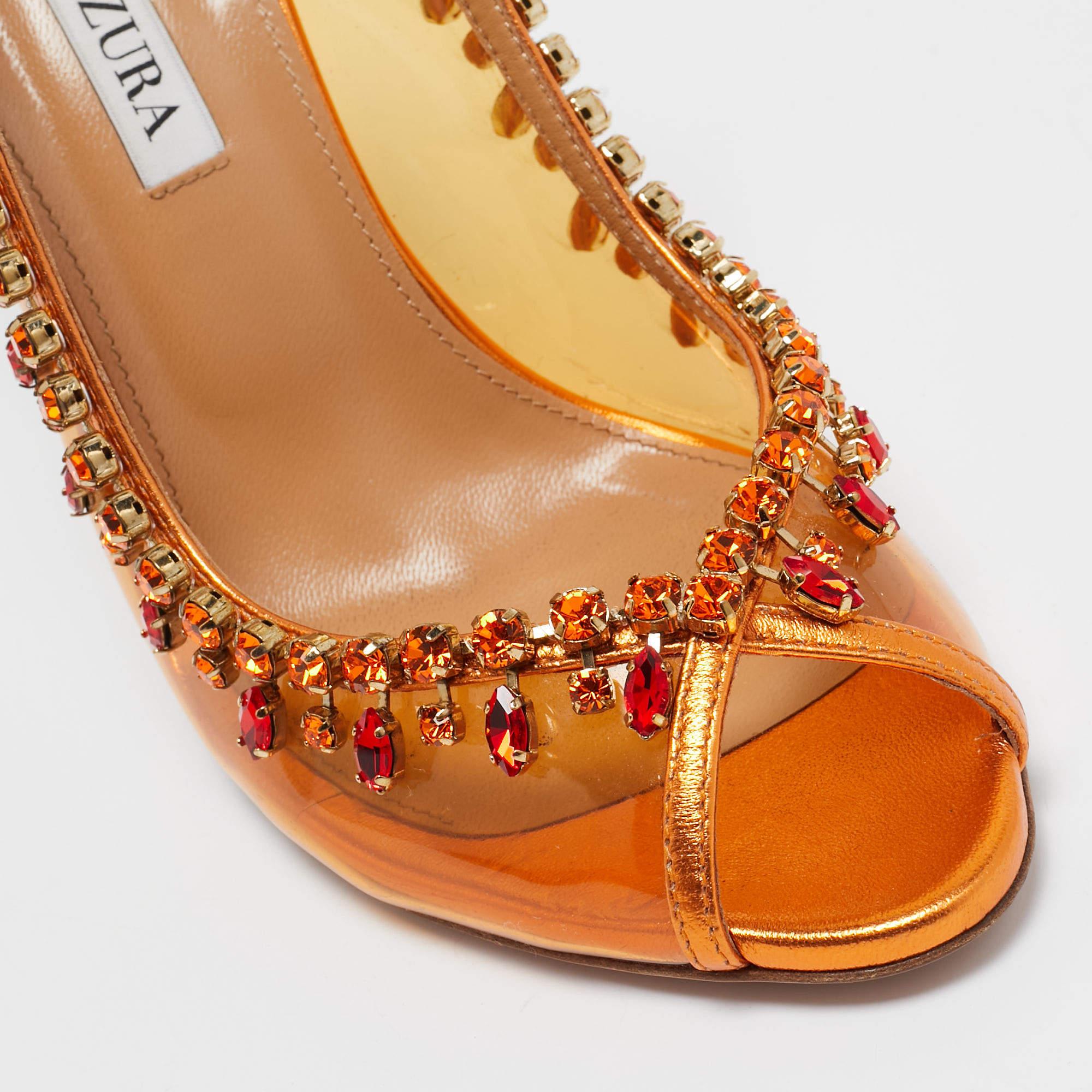 Aquazzura Orange Leather and PVC Crystal Embellished Temptation Pumps Size 38 3