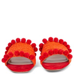 AQUAZZURA orange red RAFFIA POMPOM Slides Flat Sandals Shoes 37.5