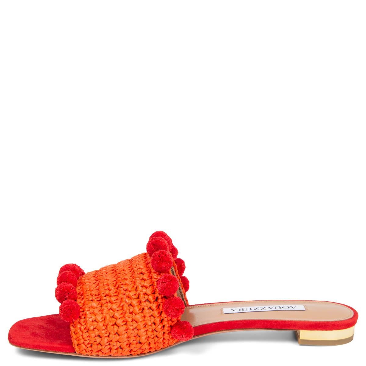 Red AQUAZZURA orange red RAFFIA POMPOM Slides Flat Sandals Shoes 37.5 For Sale