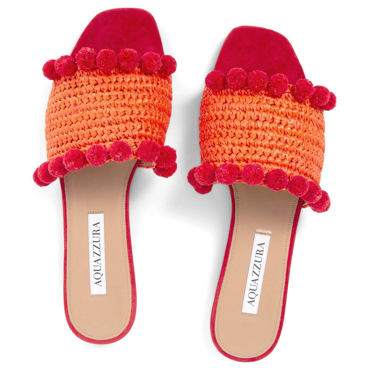 Women's AQUAZZURA orange red RAFFIA POMPOM Slides Flat Sandals Shoes 37.5 For Sale