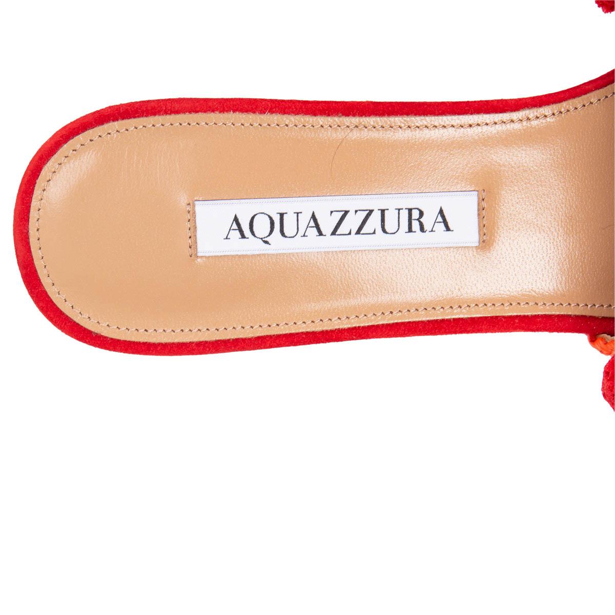 AQUAZZURA orange red RAFFIA POMPOM Slides Flat Sandals Shoes 37.5 For Sale 1