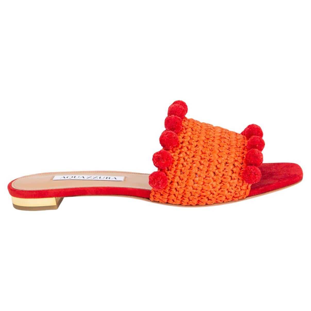 AQUAZZURA orange red RAFFIA POMPOM Slides Flat Sandals Shoes 37.5 For Sale