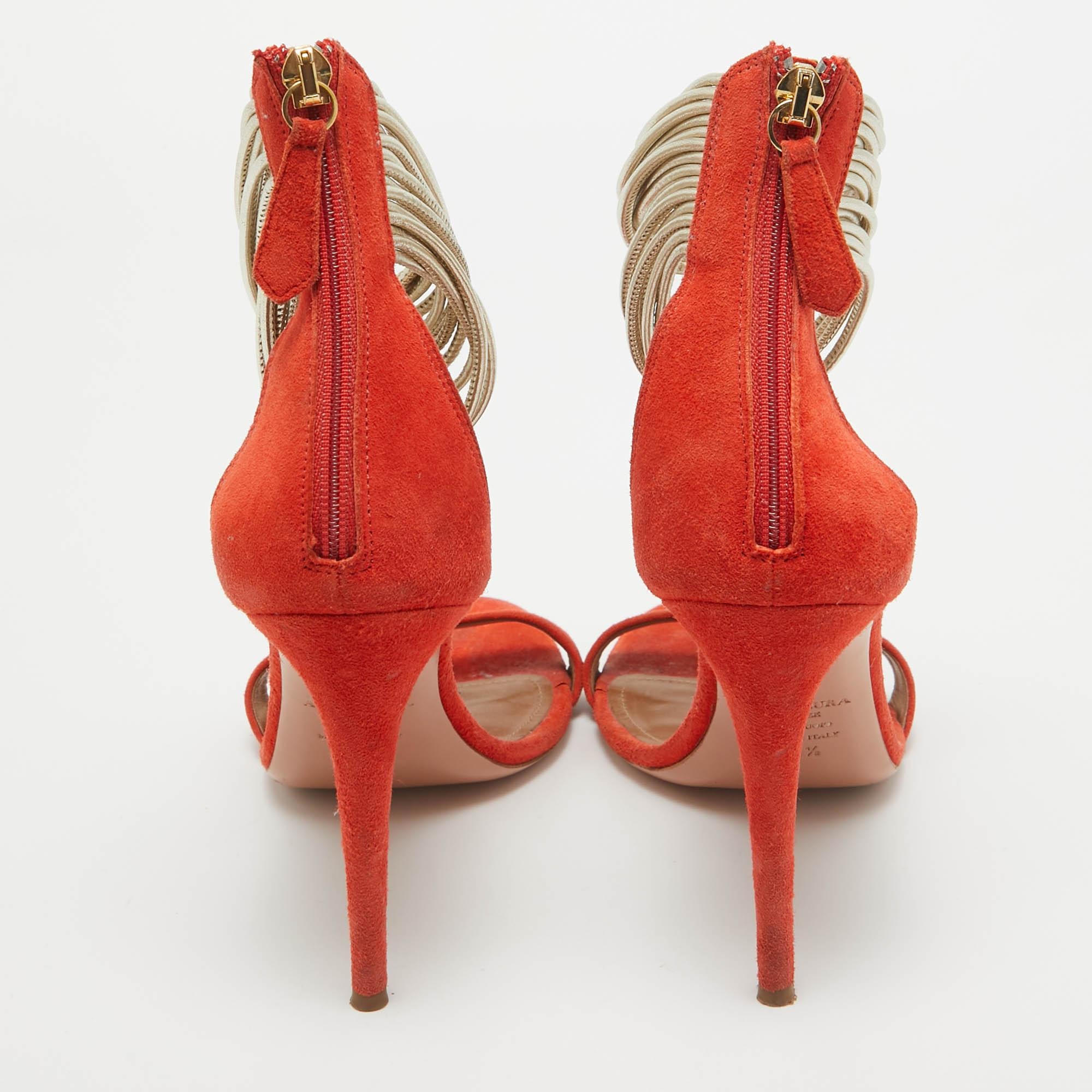 Donna Aquazzura Sandali in pelle e camoscio arancione con cinturino alla caviglia misura 38,5