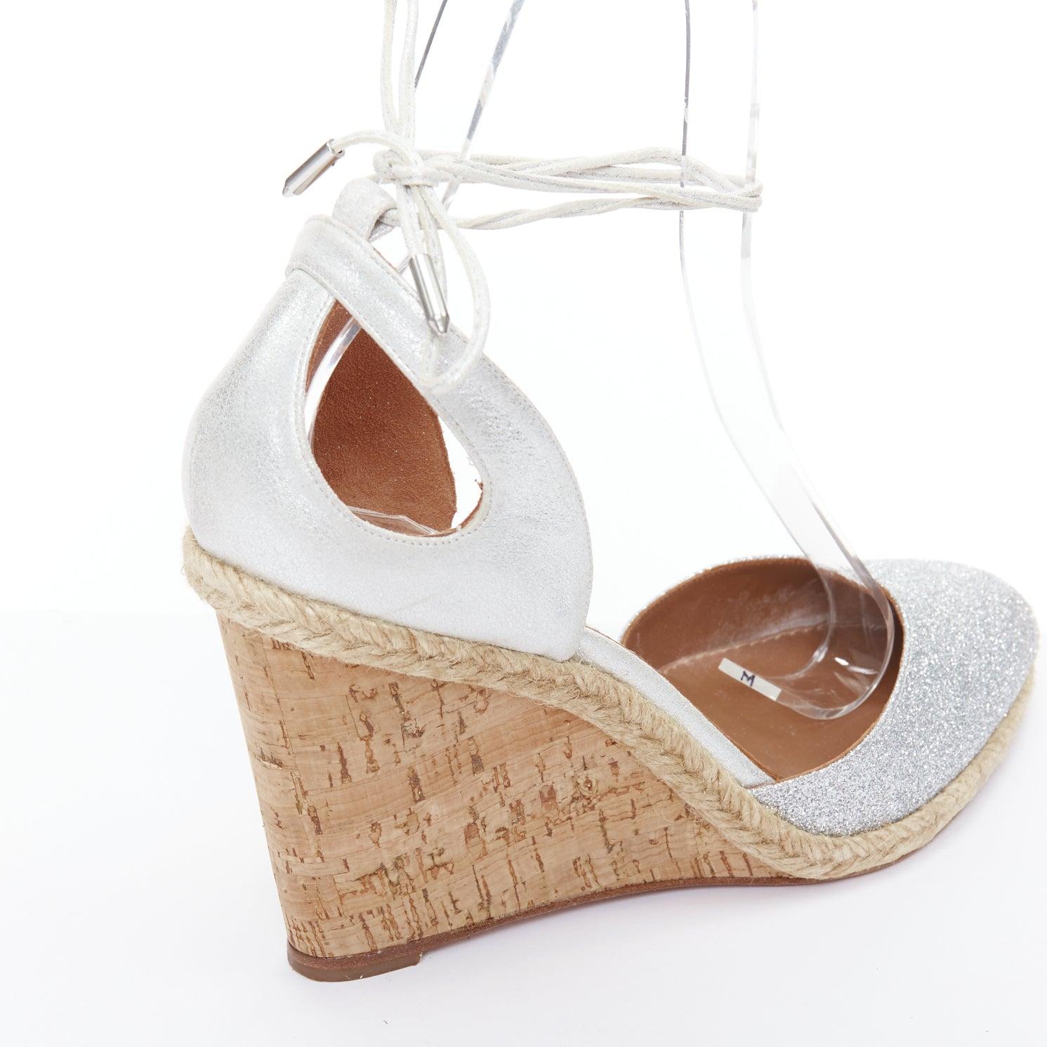 AQUAZZURA Palm Beach metallic glitter cork wedge sandals EU39 For Sale 3