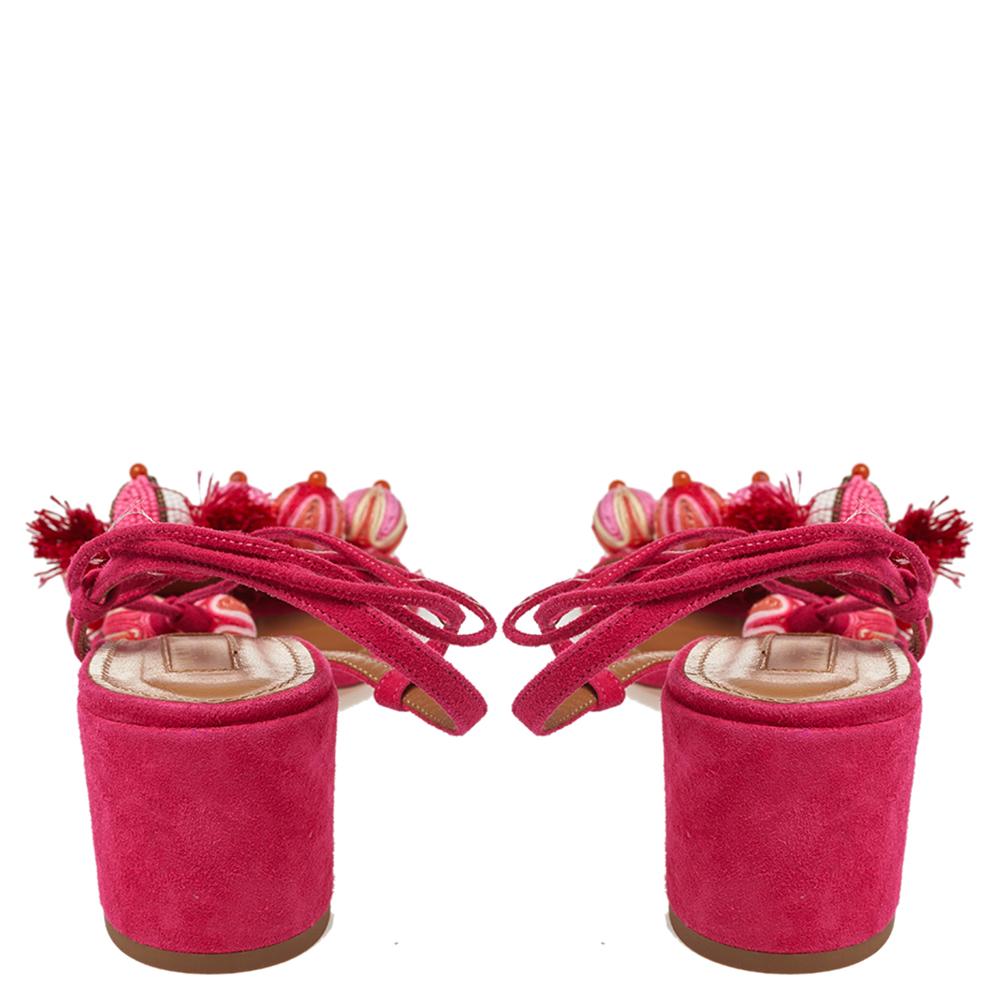 Aquazzura Paradise Pink Suede Tropicana Tasseled Beaded Ankle Sandals Size 39 In New Condition In Dubai, Al Qouz 2
