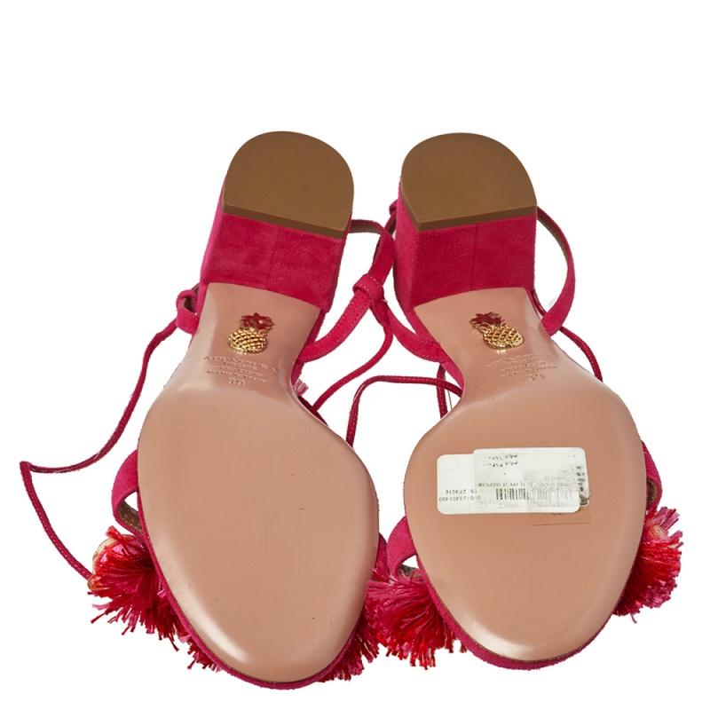 Women's Aquazzura Paradise Pink Suede Tropicana Tasseled Beaded Ankle Sandals Size 39