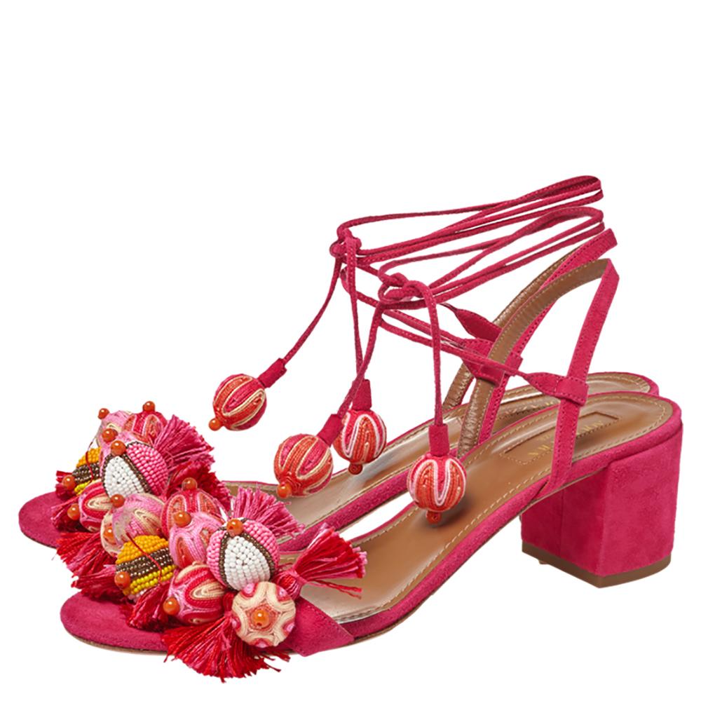 Aquazzura Paradise Pink Suede Tropicana Tasseled Beaded Ankle Sandals Size 39 1