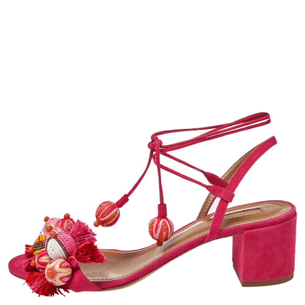 Aquazzura Paradise Pink Suede Tropicana Tasseled Beaded Ankle Sandals Size 39 2