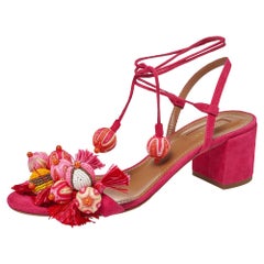 Aquazzura Paradise Pink Suede Tropicana Tasseled Beaded Ankle Sandals Size 39