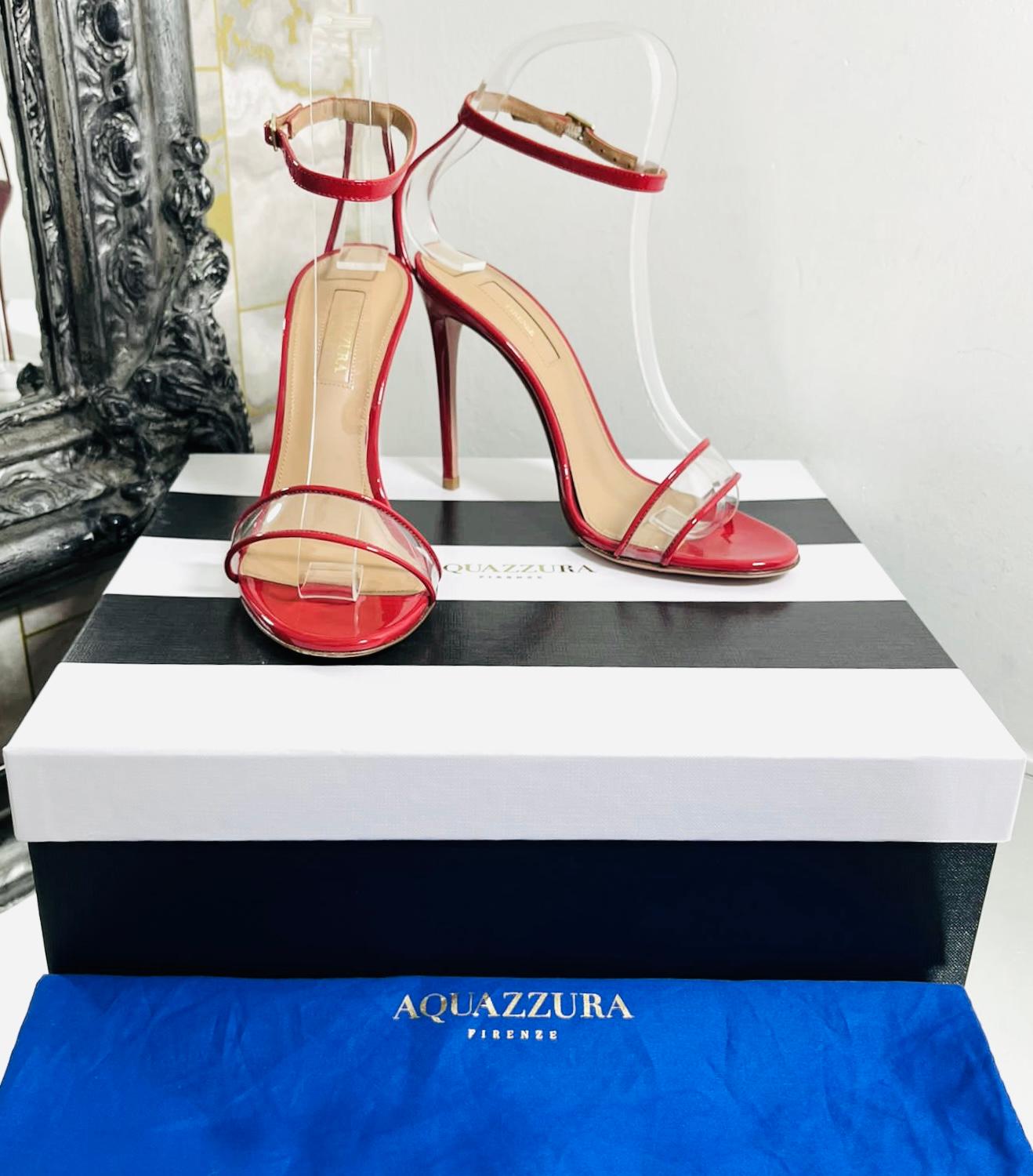 Aquazzura Patent Leather & PVC Sandals

Red heels designed with barely there straps at the toes and ankle detailed with PVC inserts. 

Featuring round toe and stiletto heel. 

Size – 35

Condition – Excellent

Composition – Patent Leather,