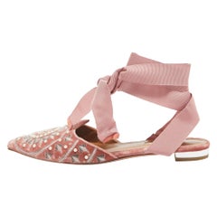 Aquazzura Pink Embellished Velvet Ankle Tie Flats Size 36