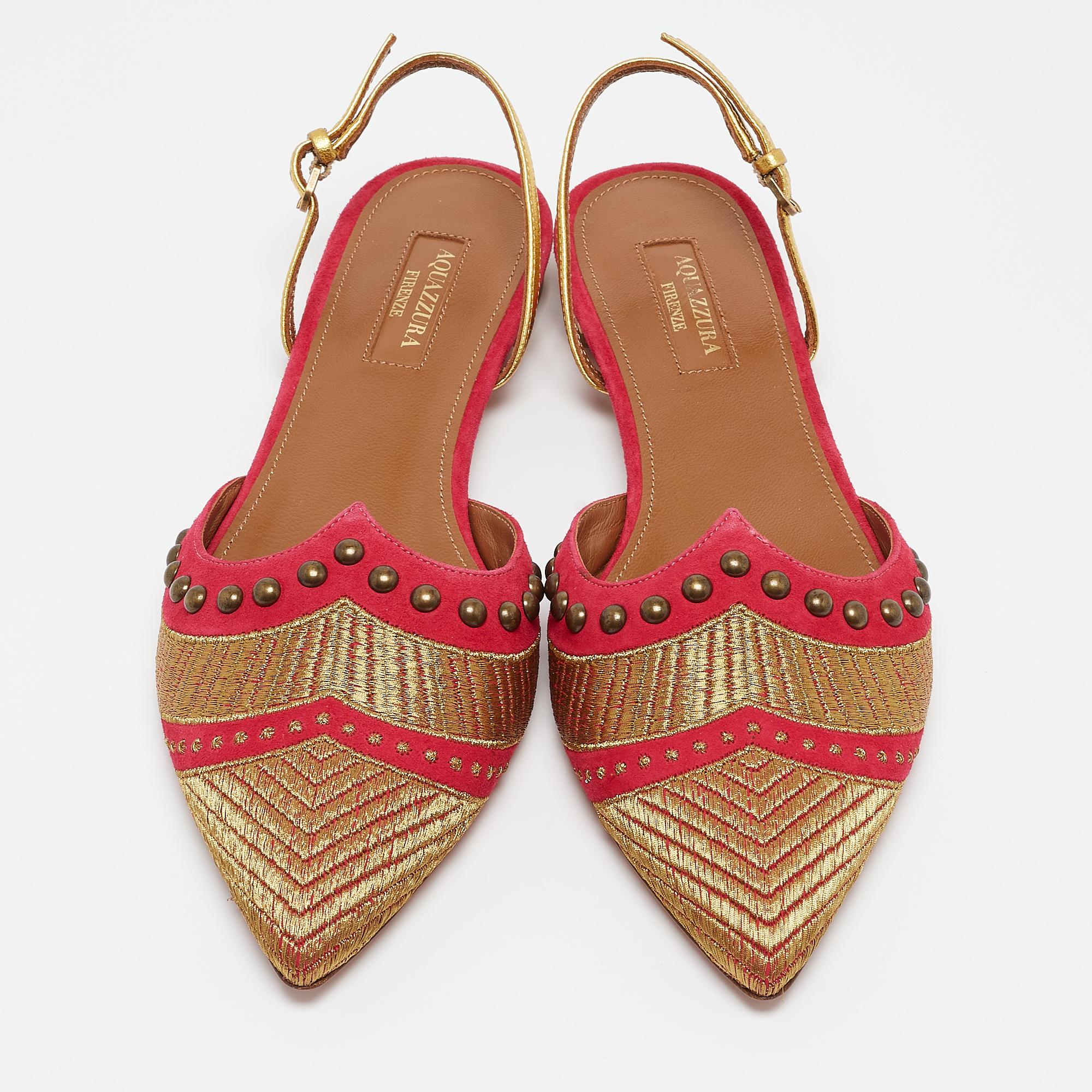 Brown Aquazzura Pink/Gold Suede and Leather Marrakech Slingback Flats Size 38 For Sale