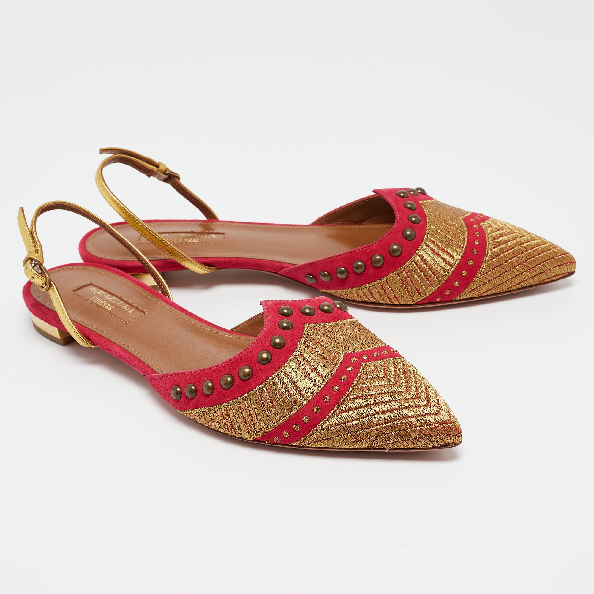 Aquazzura Pink/Gold Suede and Leather Marrakech Slingback Flats Size 38 In Good Condition For Sale In Dubai, Al Qouz 2