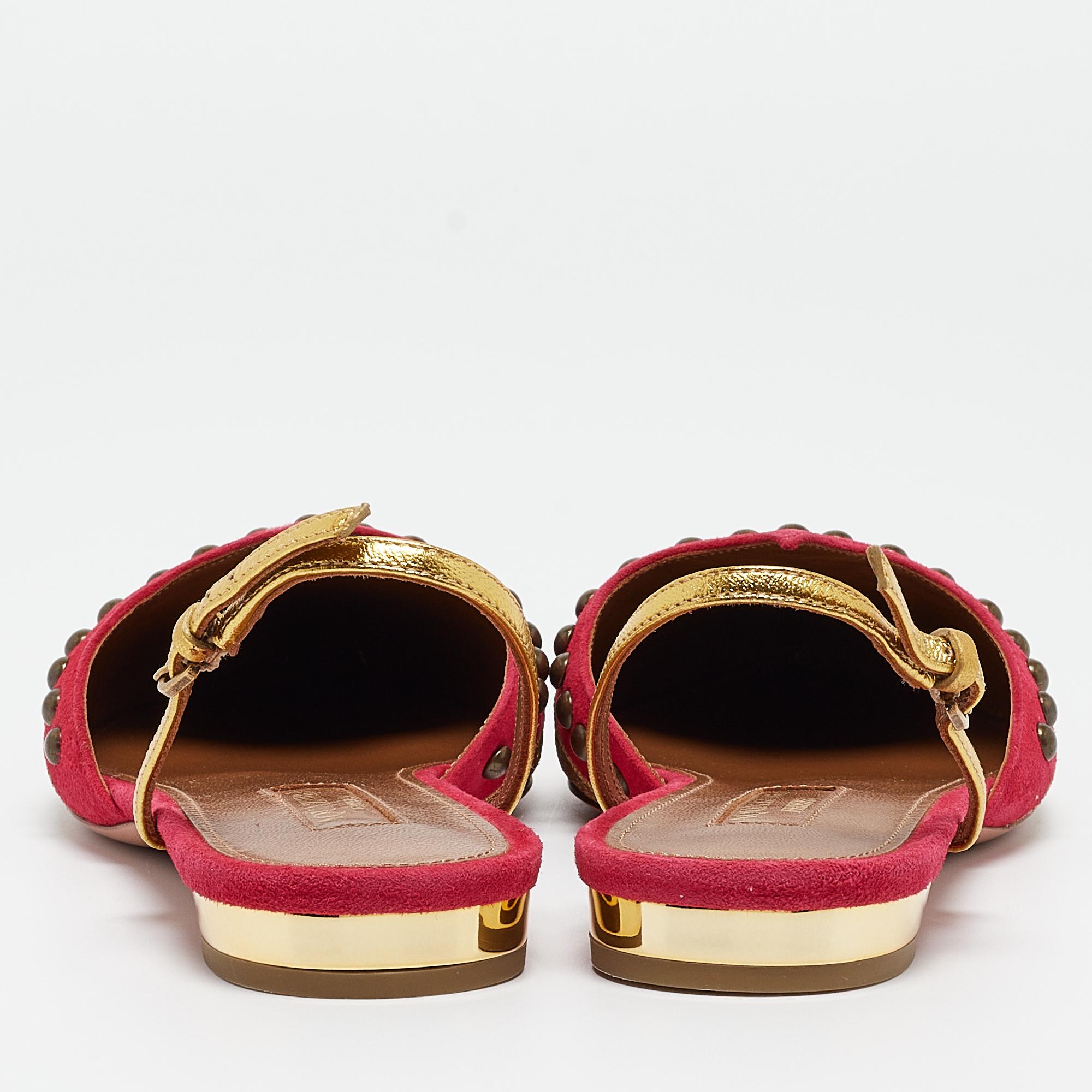 Women's Aquazzura Pink/Gold Suede and Leather Marrakech Slingback Flats Size 38 For Sale